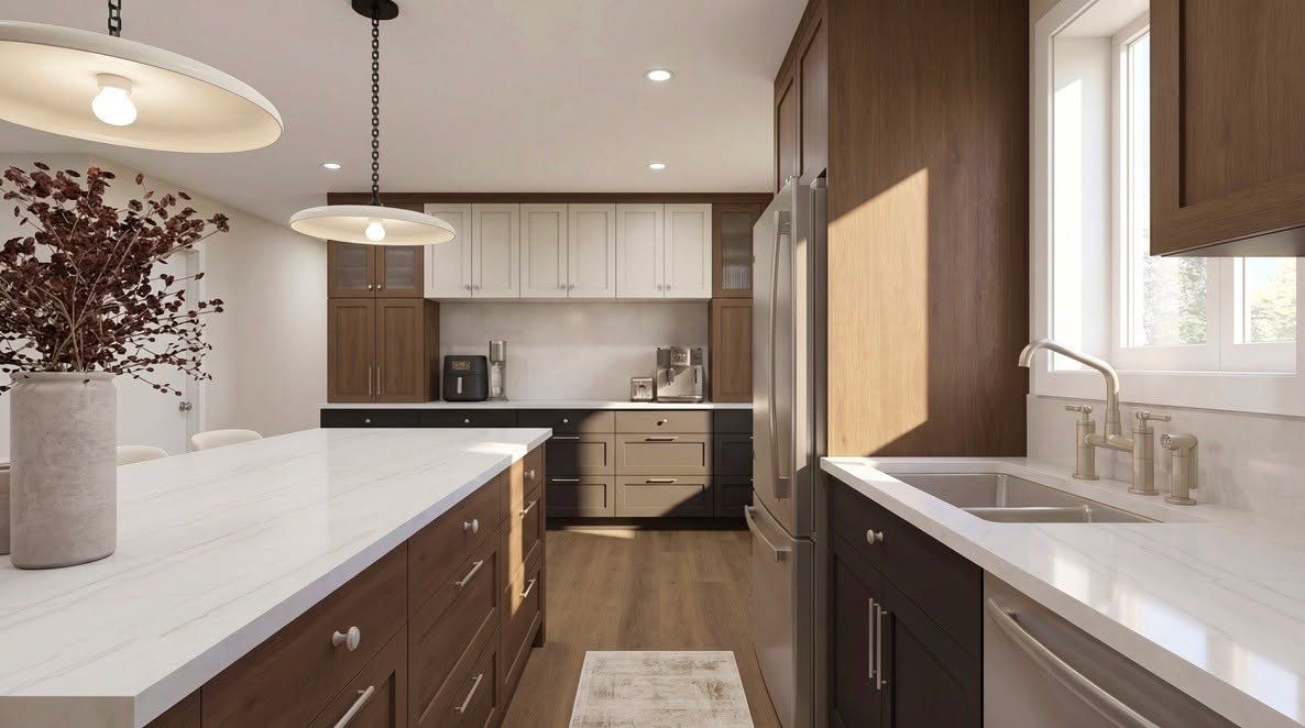 Projet Leclerc |  Comme cette famille cuisine beaucoup et utilise plusieurs petits électroménagers au quotidien, on a voulu leur créer un espace dédié où tout peut rester facilement accessible.

Un grand comptoir qui rassemble le coin déjeuner et les petits électroménagers, sans venir encombrer le reste de la cuisine.

Tout est à portée de main, tout en gardant un espace épuré, fonctionnel et bien organisé. ✨